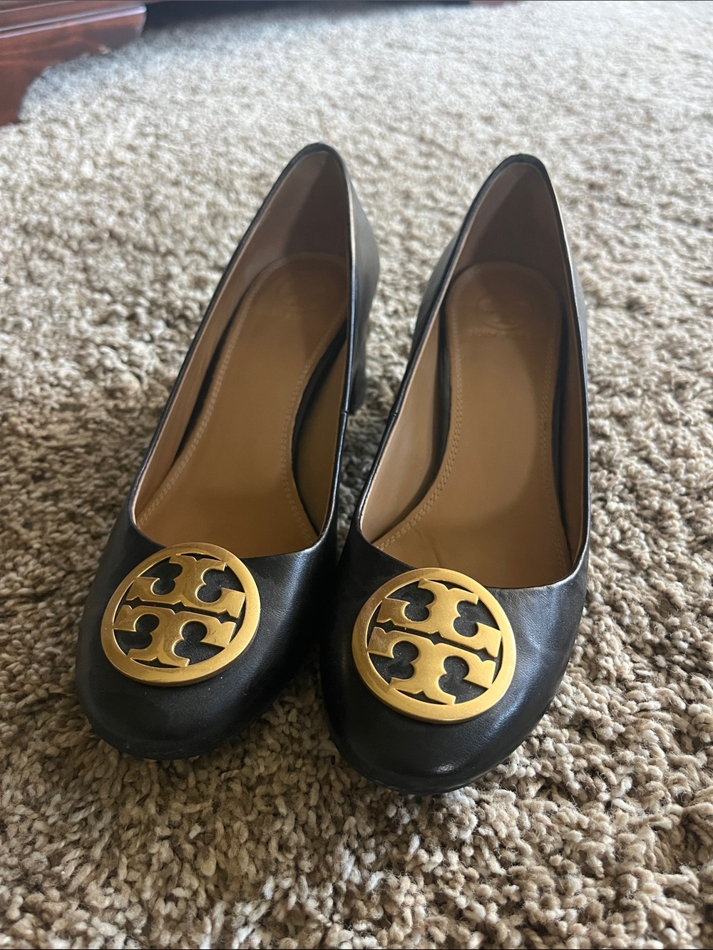 Tory Burch Black Leather Heels with Gold Logo
